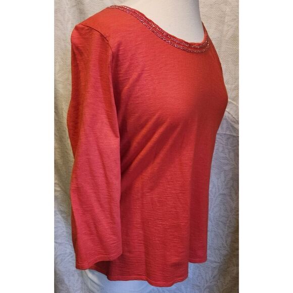 T35 Coldwater Creek Fall Orange Tee w/Sparkly beads at neckline Autumn - Picture 2 of 9